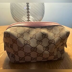 Gucci Beige & Brown GG Monogram Cosmetic Pouch with Pink Trim